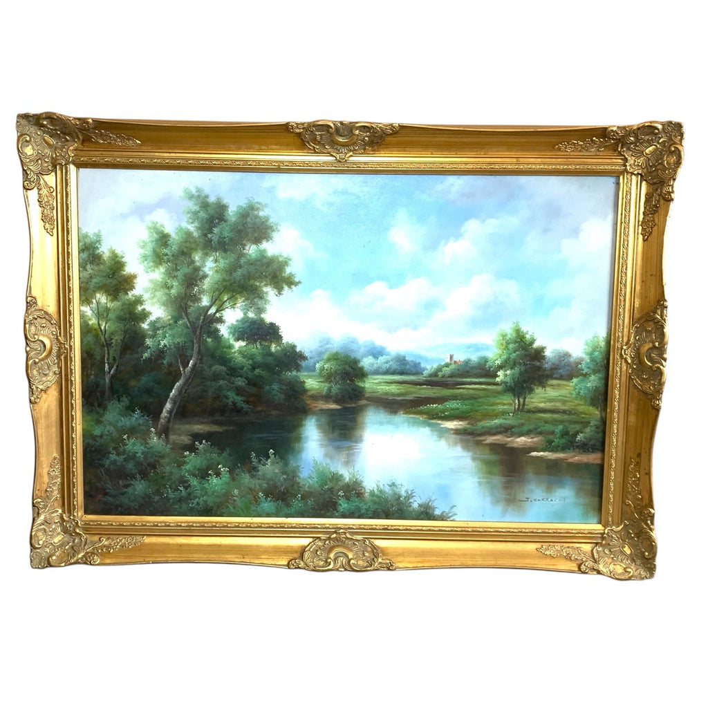 Large Tree Landscape Oil Painting – Lake & Tower Scene – Signed J. Carracci – Paintings by TheVoyageBird