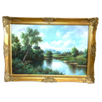 Large Tree Landscape Oil Painting – Lake & Tower Scene – Signed J. Carracci – Paintings by TheVoyageBird