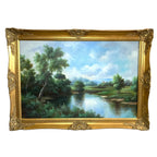 Large Tree Landscape Oil Painting – Lake & Tower Scene – Signed J. Carracci – Paintings by TheVoyageBird