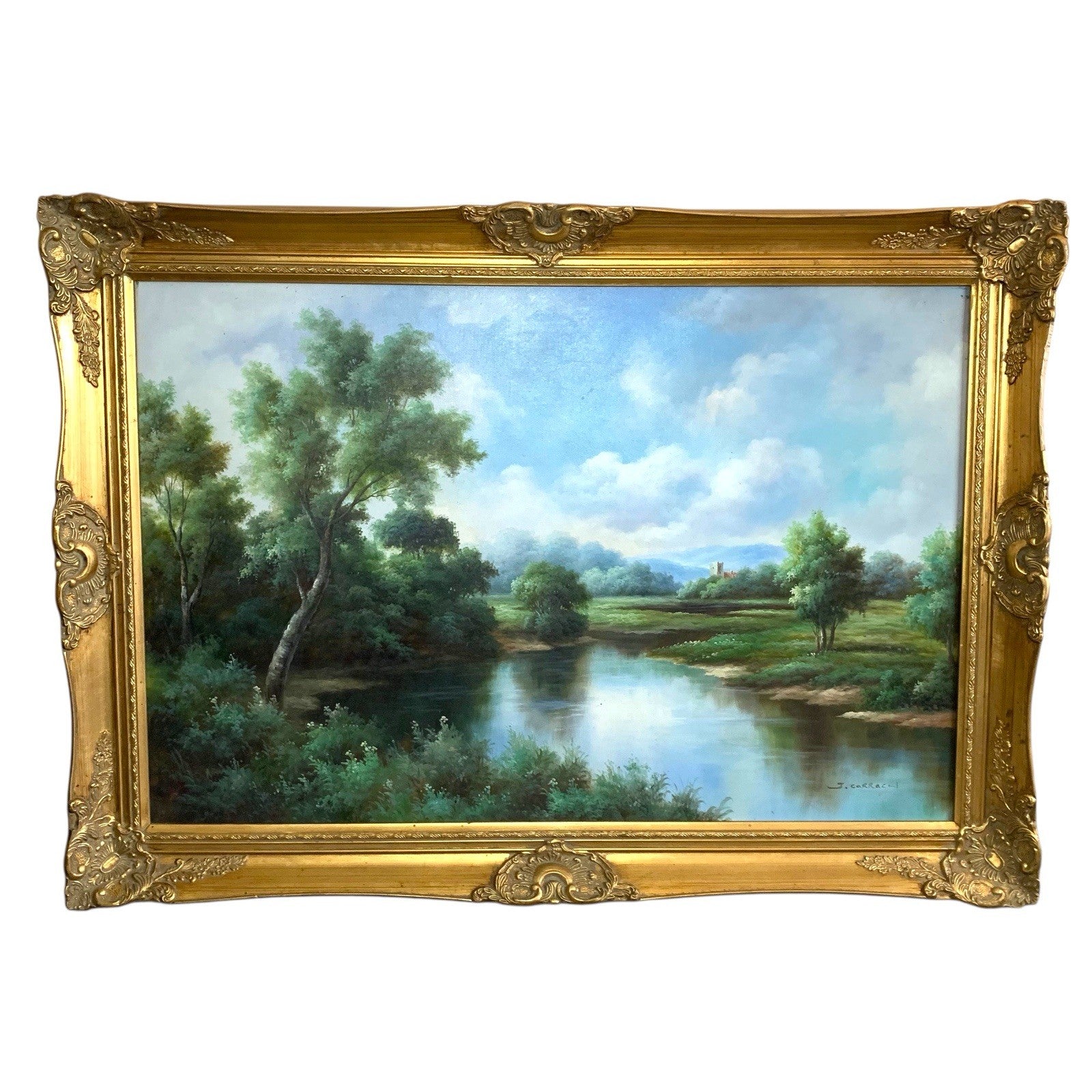 Large Tree Landscape Oil Painting – Lake & Tower Scene – Signed J. Carracci – Paintings by TheVoyageBird