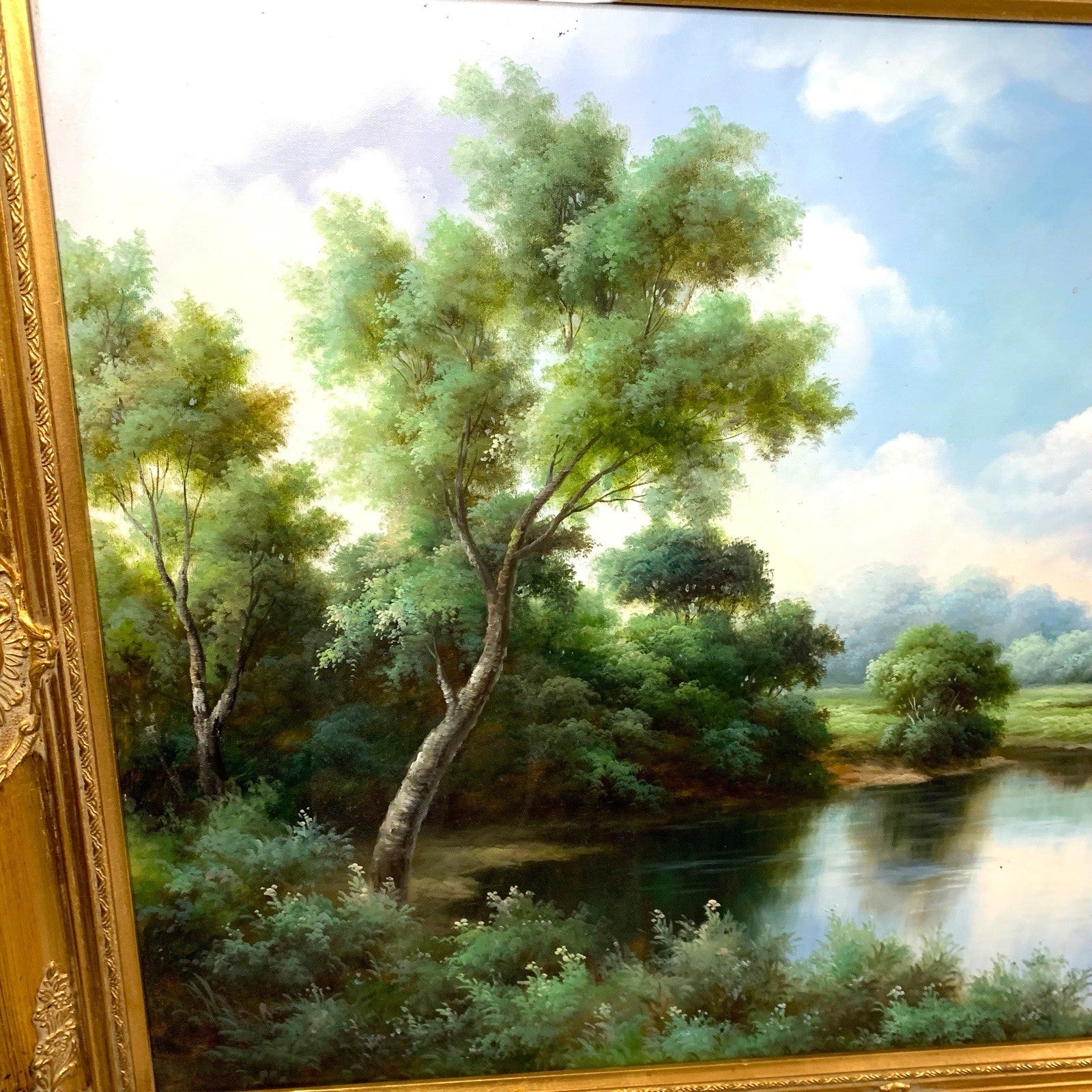 Large Tree Landscape Oil Painting – Lake & Tower Scene – Signed J. Carracci – Paintings by TheVoyageBird