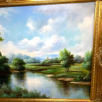 Large Tree Landscape Oil Painting – Lake & Tower Scene – Signed J. Carracci – Paintings by TheVoyageBird