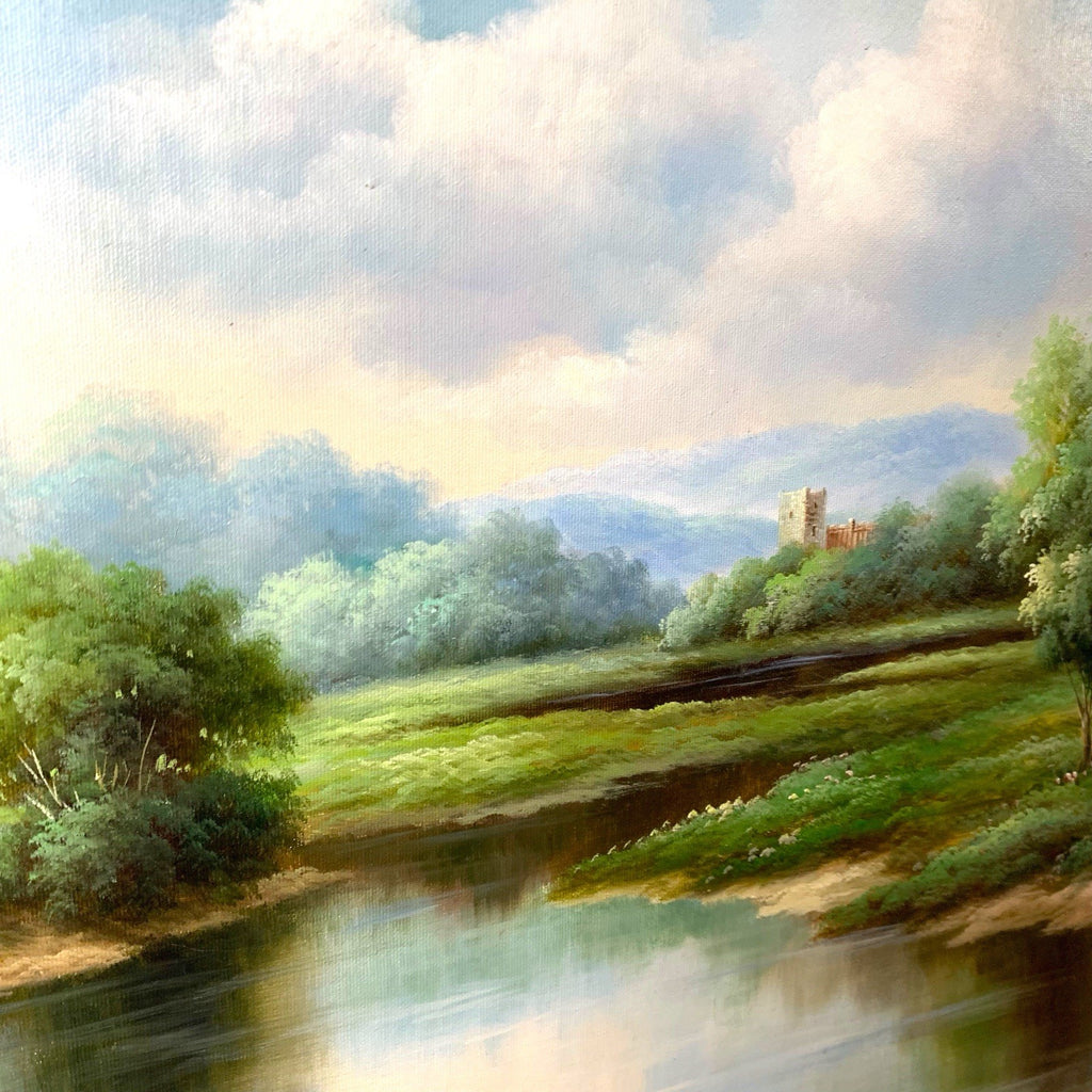 Large Tree Landscape Oil Painting – Lake & Tower Scene – Signed J. Carracci – Paintings by TheVoyageBird