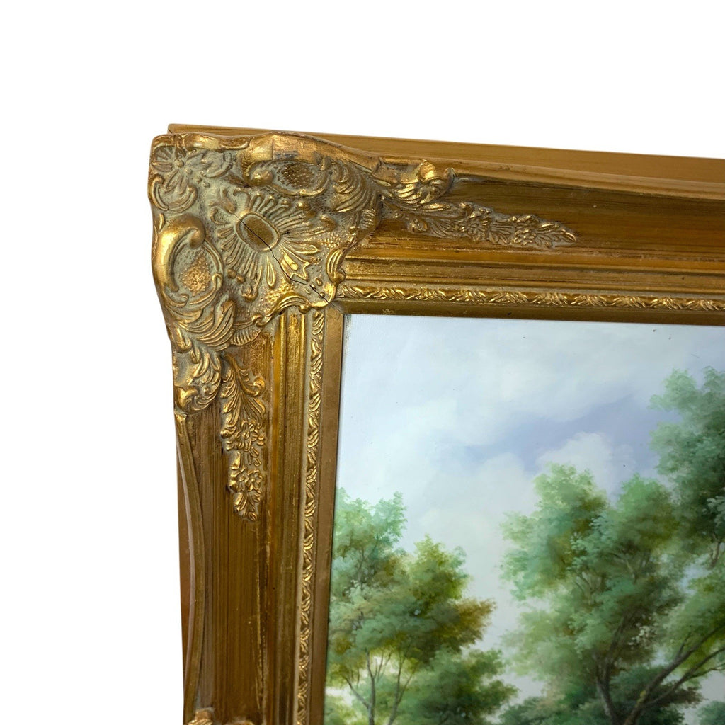 Large Tree Landscape Oil Painting – Lake & Tower Scene – Signed J. Carracci – Paintings by TheVoyageBird