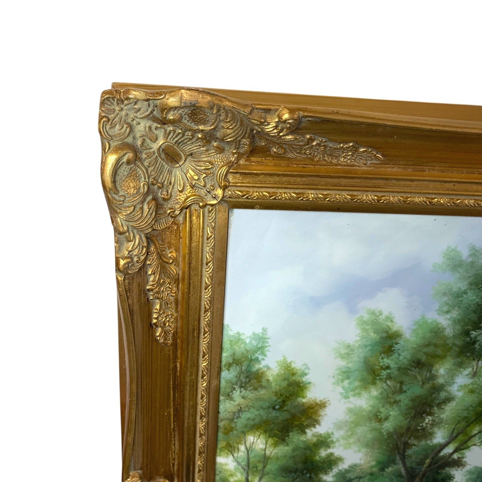 Large Tree Landscape Oil Painting – Lake & Tower Scene – Signed J. Carracci – Paintings by TheVoyageBird