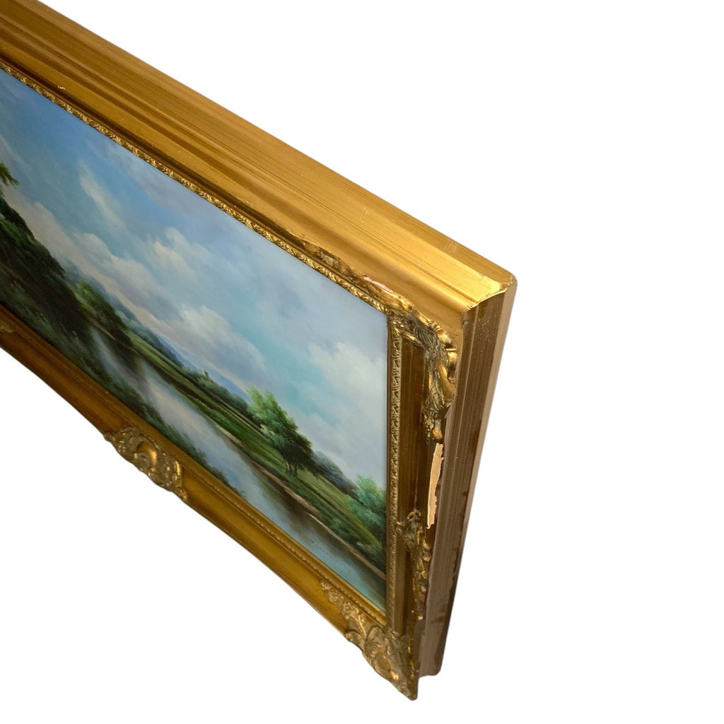 Large Tree Landscape Oil Painting – Lake & Tower Scene – Signed J. Carracci – Paintings by TheVoyageBird