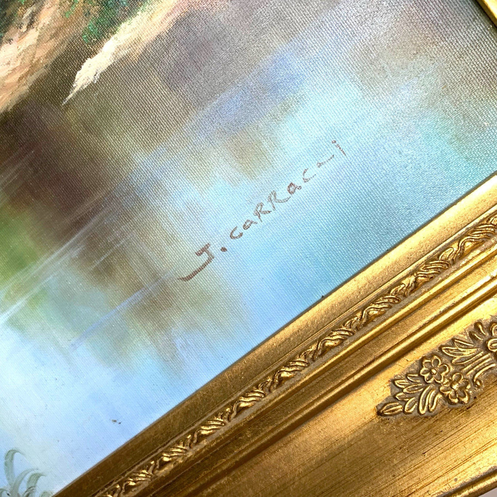 Large Tree Landscape Oil Painting – Lake & Tower Scene – Signed J. Carracci – Paintings by TheVoyageBird