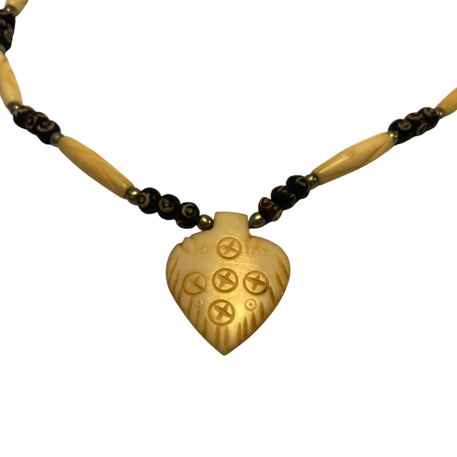 Mid-Century Tribal Necklace Bone Spade Pendant & Carved Seed Beads Ethnic 1950s Vintage Reproduction Jewellery by TheVoyageBird