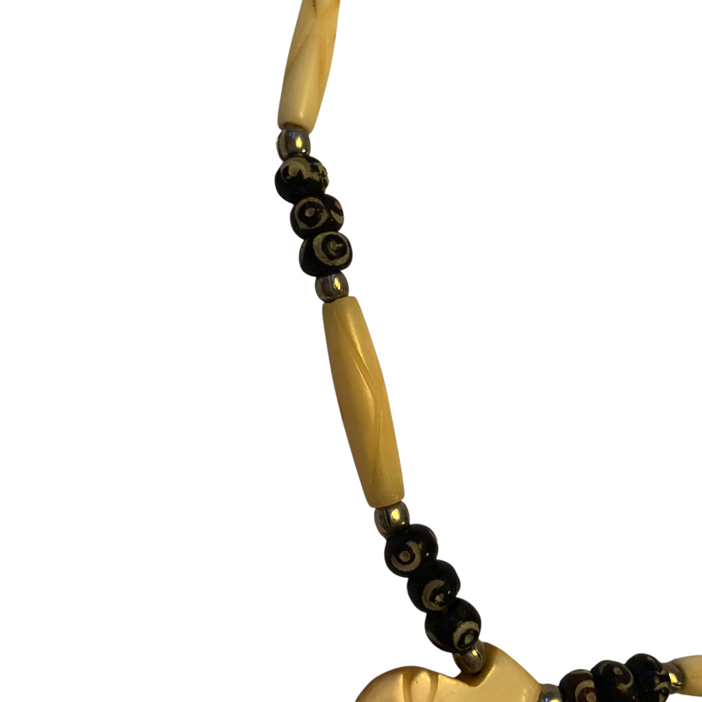 Mid-Century Tribal Necklace Bone Spade Pendant & Carved Seed Beads Ethnic 1950s Vintage Reproduction Jewellery by TheVoyageBird