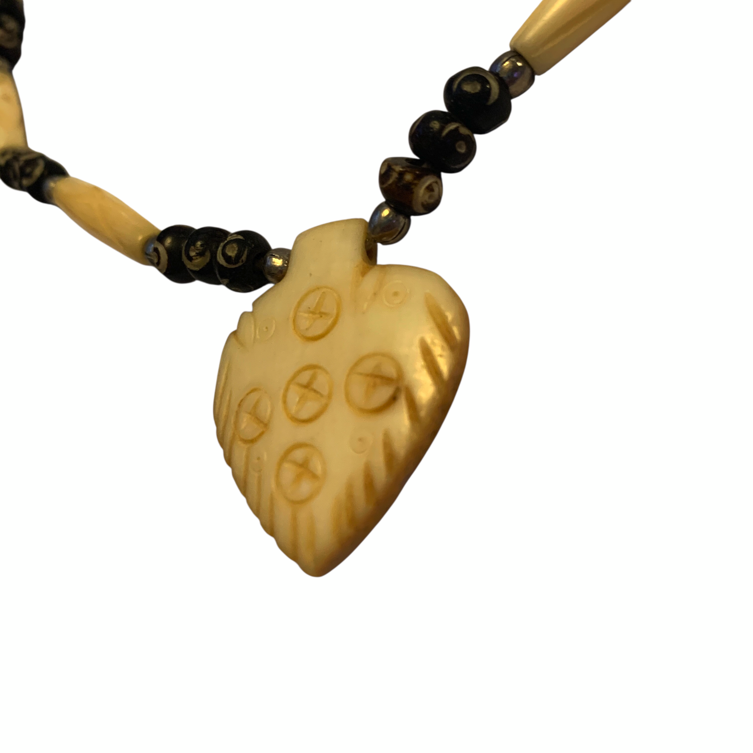 Mid-Century Tribal Necklace Bone Spade Pendant & Carved Seed Beads Ethnic 1950s Vintage Reproduction Jewellery by TheVoyageBird