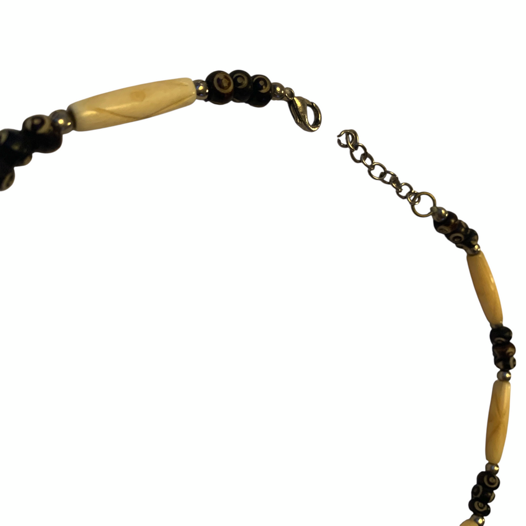 Mid-Century Tribal Necklace Bone Spade Pendant & Carved Seed Beads Ethnic 1950s Vintage Reproduction Jewellery by TheVoyageBird