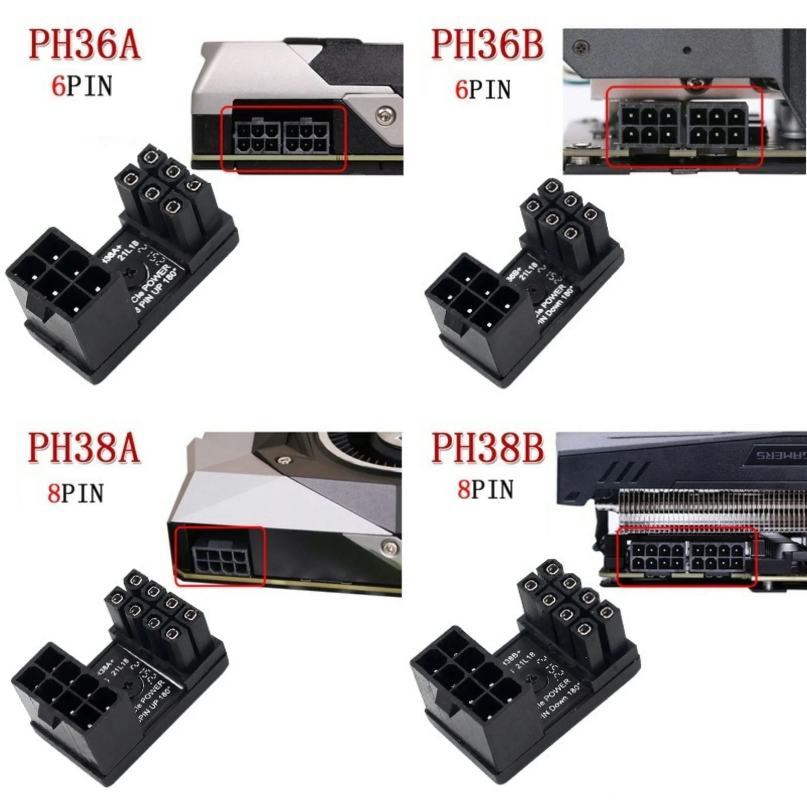 PCI-E Graphics Card Power Supply Adapter 180° 6Pin 8Pin PCIe Angled Turn Cable Power Cables & Connectors by TheVoyageBird