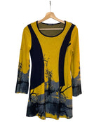 Vintage 80s Naveed Dress M Black Yellow Tree Print Jersey Shoulder Pads Dresses by TheVoyageBird