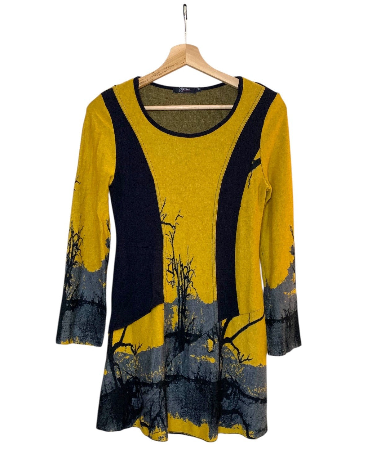 Vintage 80s Naveed Dress M Black Yellow Tree Print Jersey Shoulder Pads Dresses by TheVoyageBird