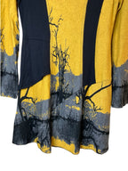 Vintage 80s Naveed Dress M Black Yellow Tree Print Jersey Shoulder Pads Dresses by TheVoyageBird