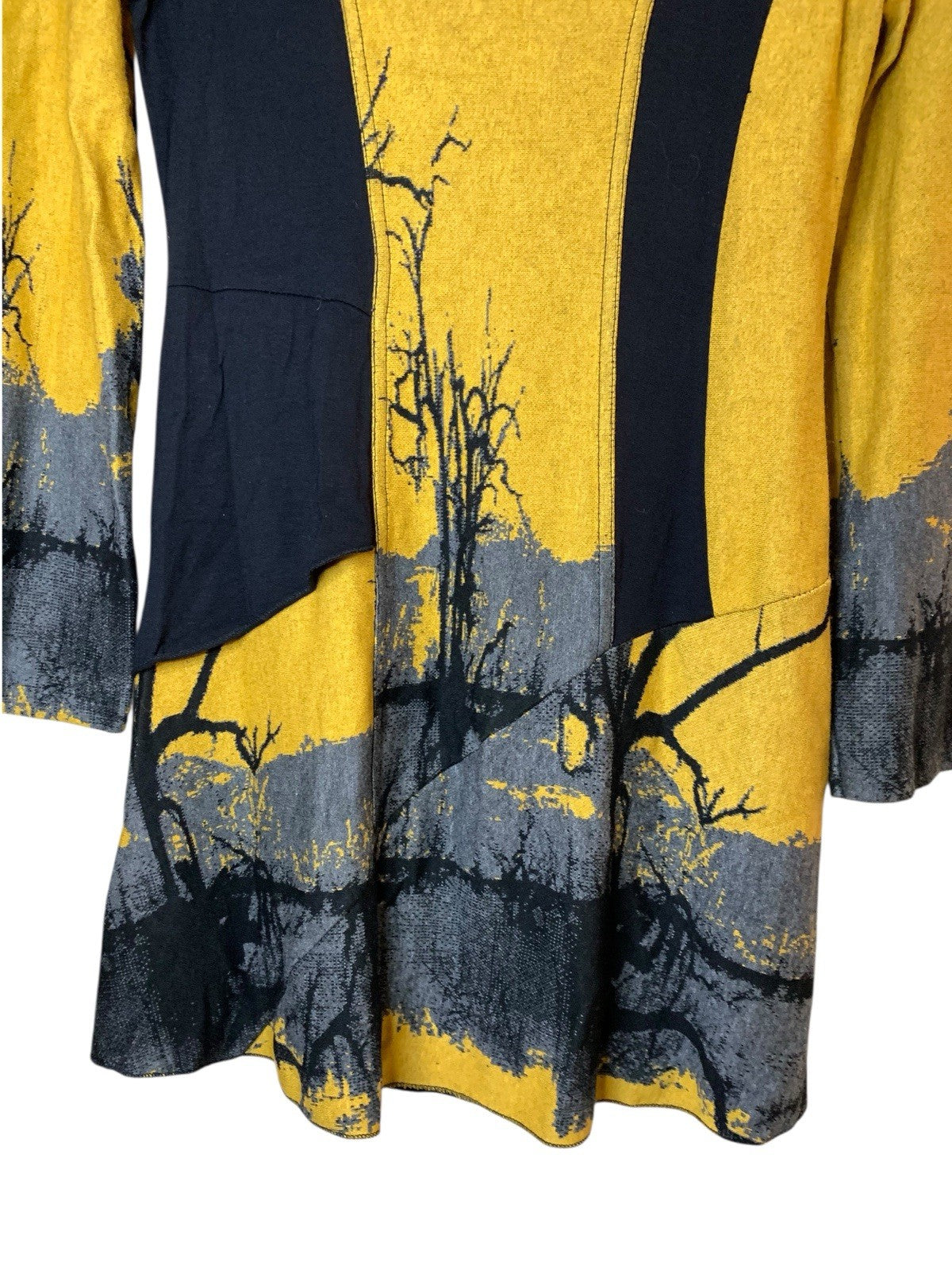 Vintage 80s Naveed Dress M Black Yellow Tree Print Jersey Shoulder Pads Dresses by TheVoyageBird
