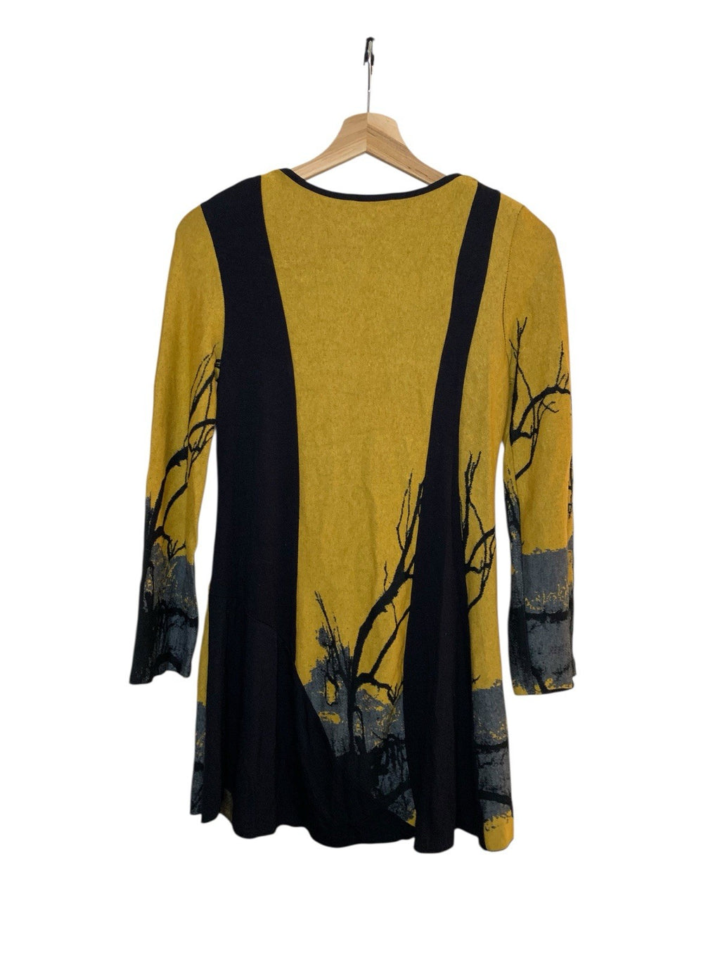 Vintage 80s Naveed Dress M Black Yellow Tree Print Jersey Shoulder Pads Dresses by TheVoyageBird