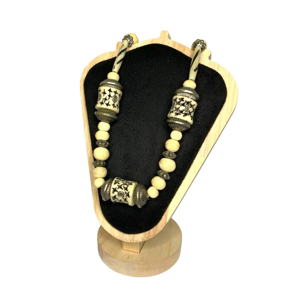 Vintage Carved Bovine Bone with Metal Spacer Beads Necklace Tribal Boho 1970s Vintage Reproduction Jewellery by TheVoyageBird
