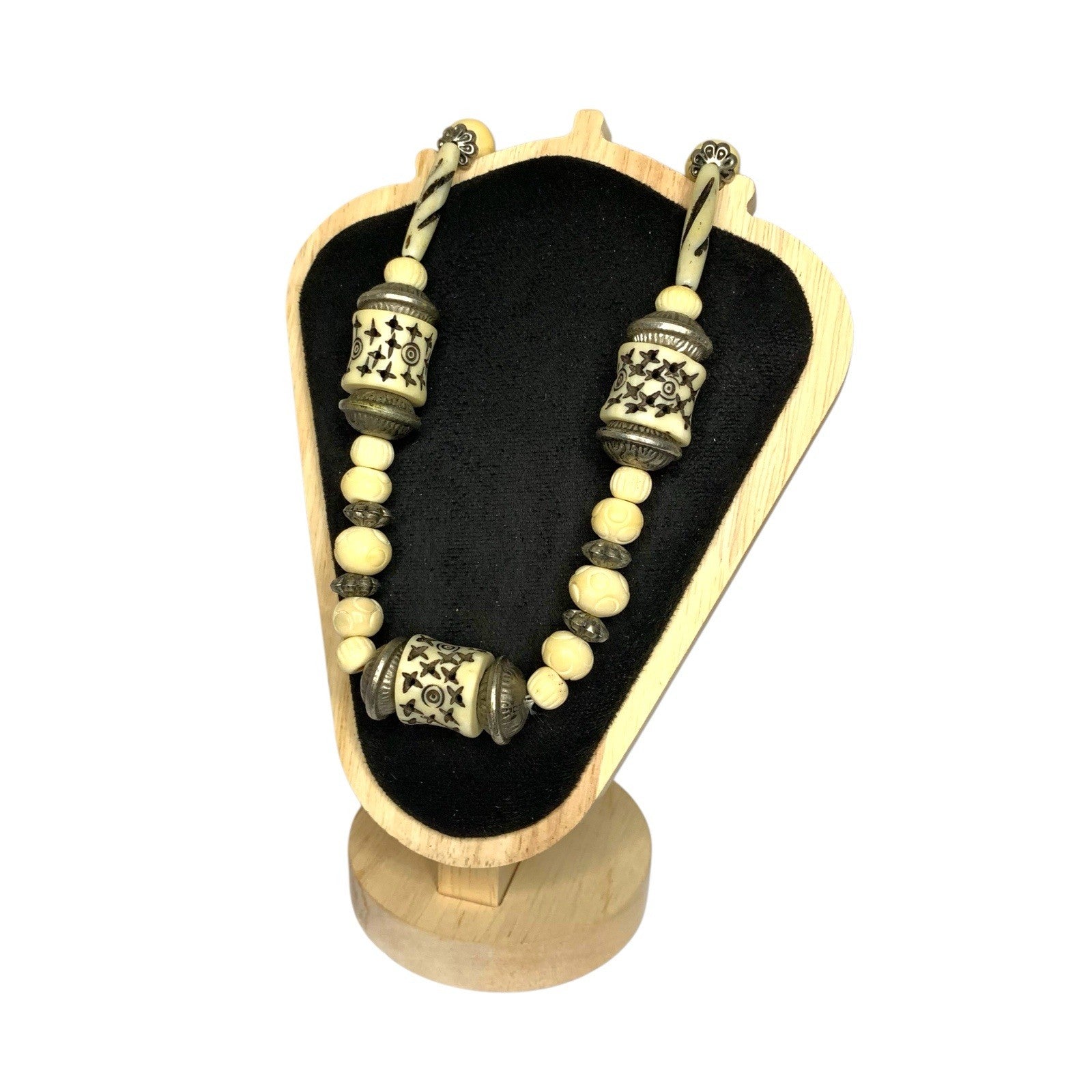 Vintage Carved Bovine Bone with Metal Spacer Beads Necklace Tribal Boho 1970s Vintage Reproduction Jewellery by TheVoyageBird