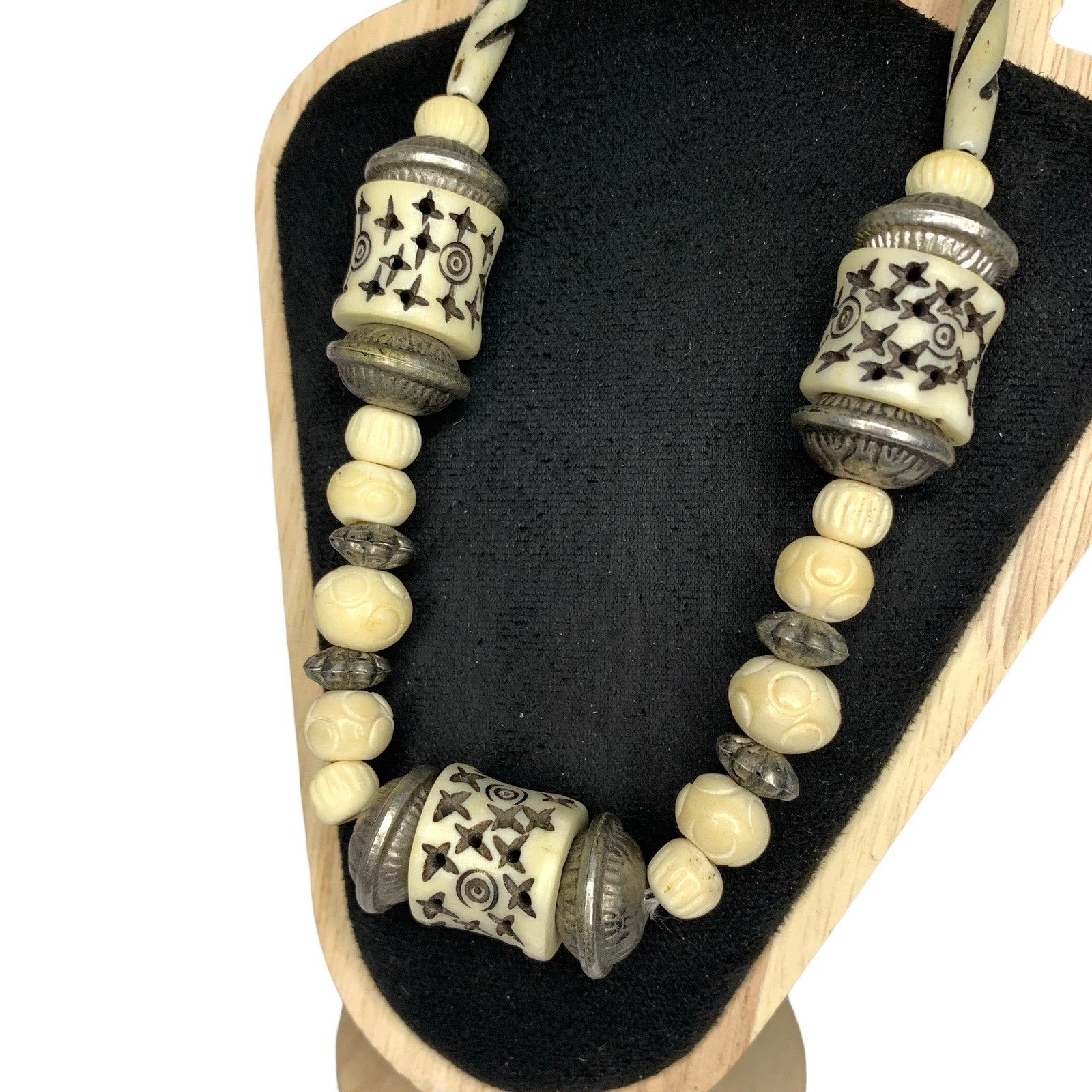 Vintage Carved Bovine Bone with Metal Spacer Beads Necklace Tribal Boho 1970s Vintage Reproduction Jewellery by TheVoyageBird