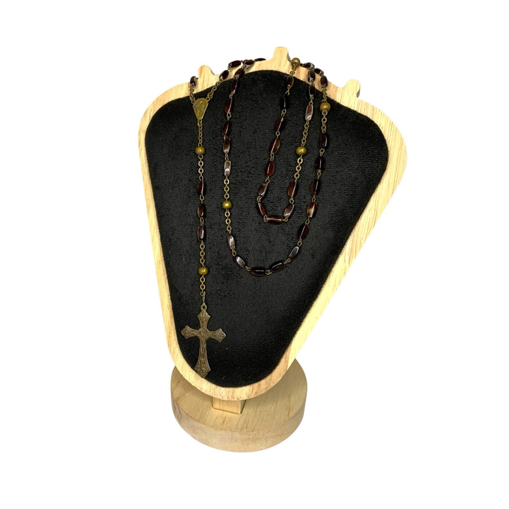 Vintage Catholic Rosary Brown Natural Beads Gold Tone Crucifix Sacred Cross Rosaries by TheVoyageBird