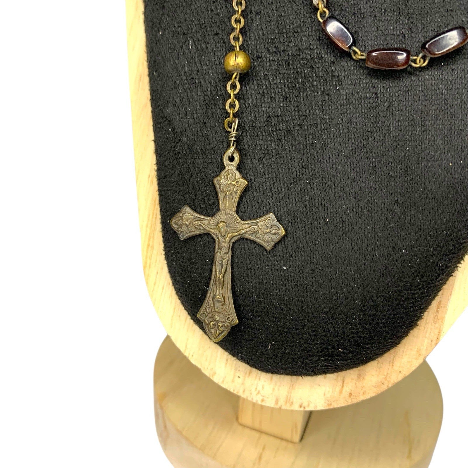 Vintage Catholic Rosary Brown Natural Beads Gold Tone Crucifix Sacred Cross Rosaries by TheVoyageBird