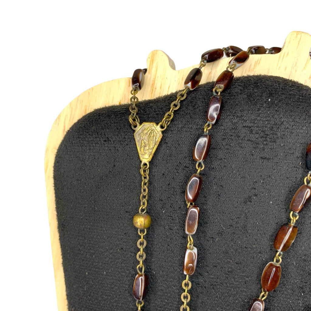 Vintage Catholic Rosary Brown Natural Beads Gold Tone Crucifix Sacred Cross Rosaries by TheVoyageBird
