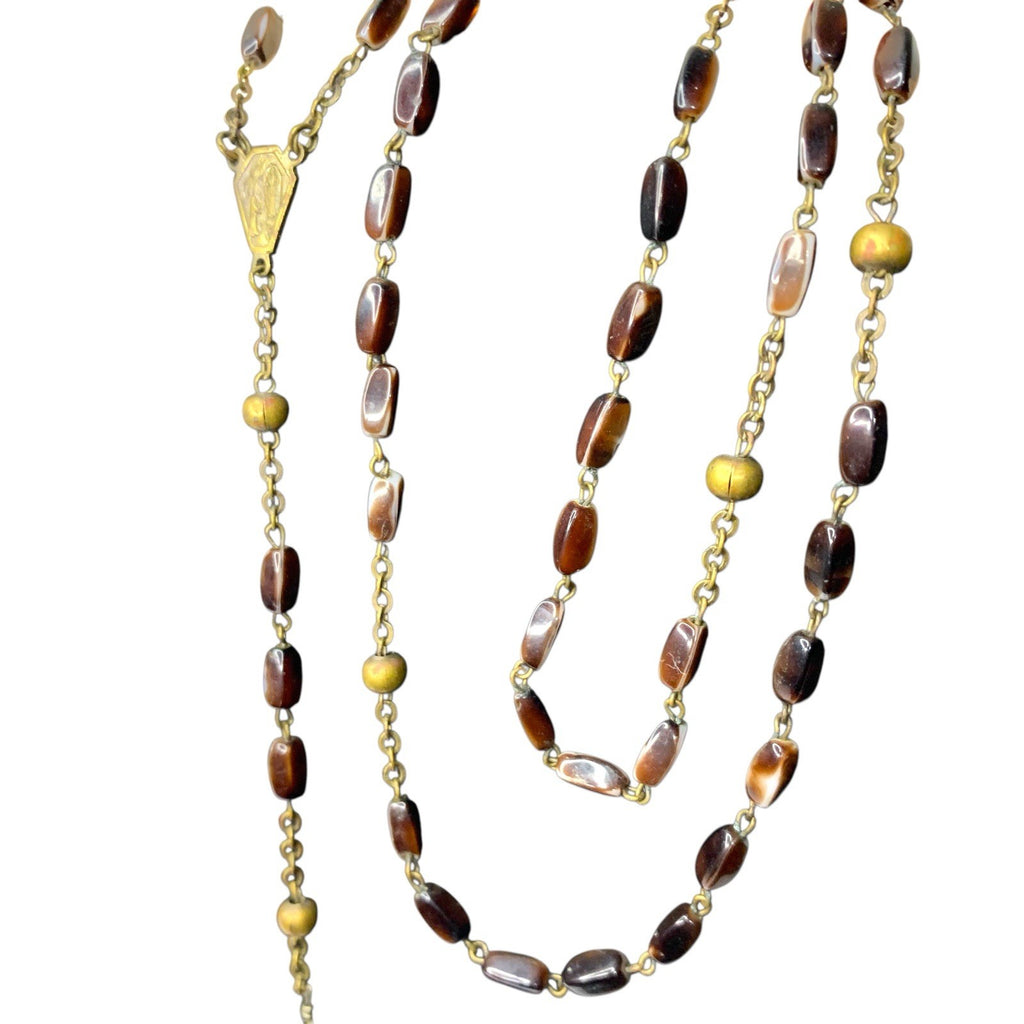 Vintage Catholic Rosary Brown Natural Beads Gold Tone Crucifix Sacred Cross Rosaries by TheVoyageBird