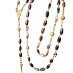 Vintage Catholic Rosary Brown Natural Beads Gold Tone Crucifix Sacred Cross Rosaries by TheVoyageBird