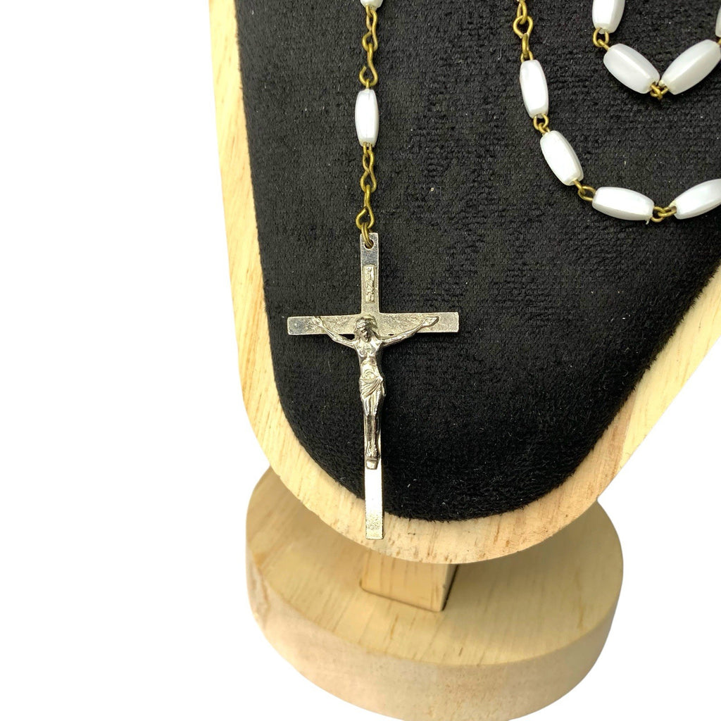 Vintage Catholic Rosary White Oval Beads Silver Tone INRI Crucifix Sacred Italy Rosaries by TheVoyageBird