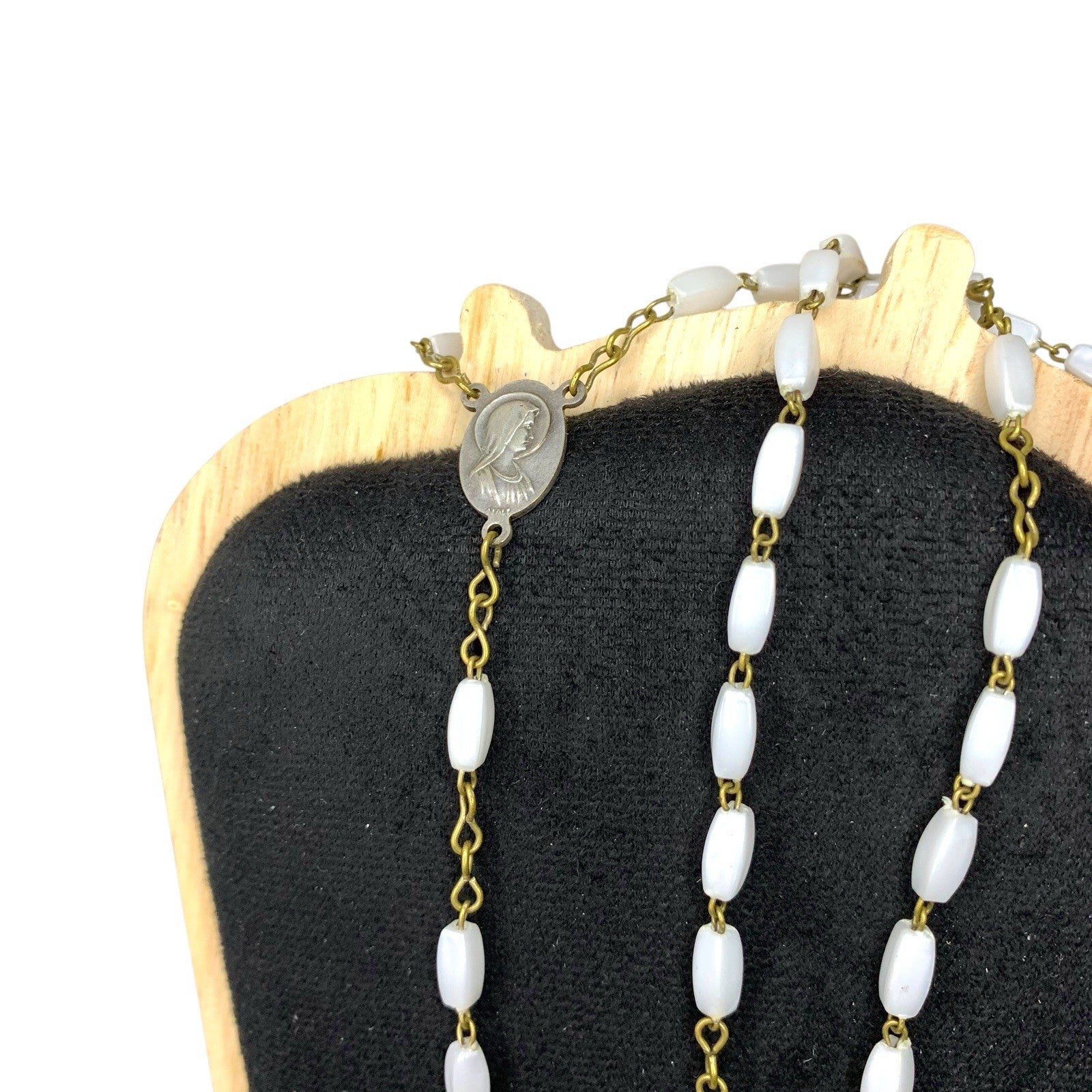 Vintage Catholic Rosary White Oval Beads Silver Tone INRI Crucifix Sacred Italy Rosaries by TheVoyageBird