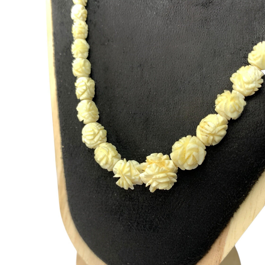 Vintage Floral Carved Celluloid and Bovine Bone Flower Bead Necklace Vintage Reproduction Jewellery by TheVoyageBird