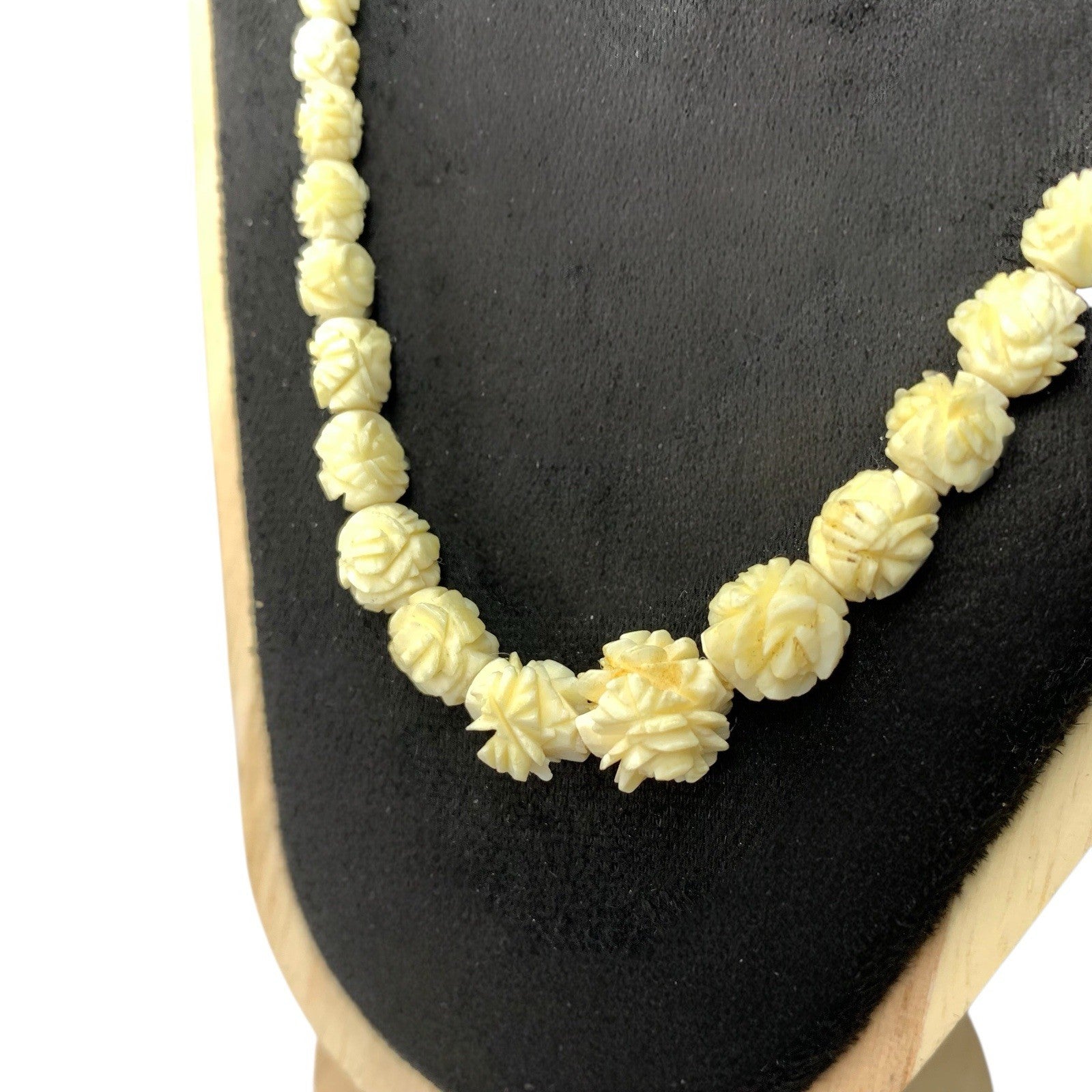 Vintage Floral Carved Celluloid and Bovine Bone Flower Bead Necklace Vintage Reproduction Jewellery by TheVoyageBird