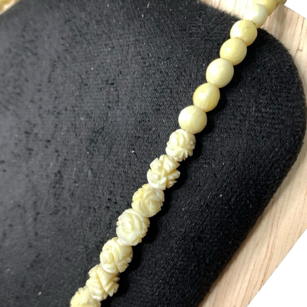 Vintage Floral Carved Celluloid and Bovine Bone Flower Bead Necklace Vintage Reproduction Jewellery by TheVoyageBird