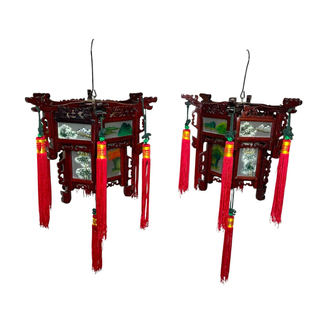 Vintage Japanese Hardwood Palace Lantern Painted Glass Panels Hand Carved Ceiling Lights & Chandeliers by TheVoyageBird
