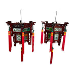 Vintage Japanese Hardwood Palace Lantern Painted Glass Panels Hand Carved Ceiling Lights & Chandeliers by TheVoyageBird