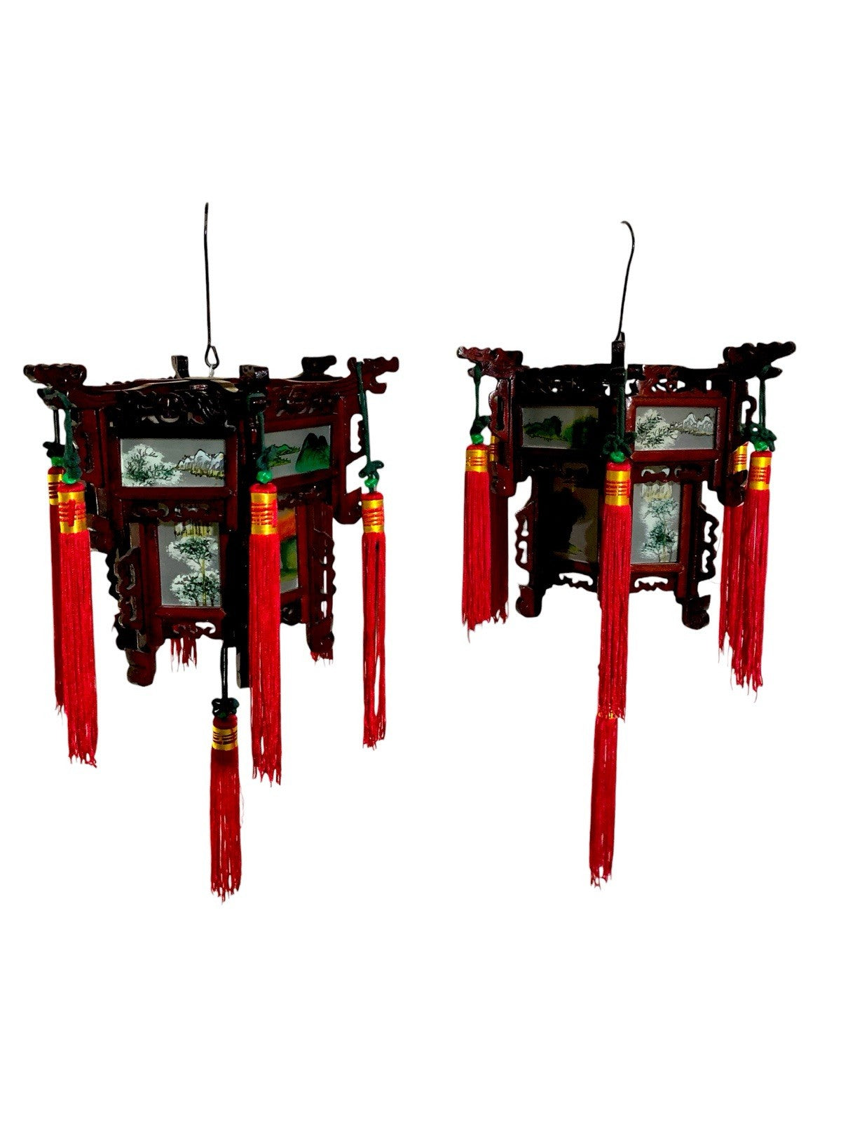 Vintage Japanese Hardwood Palace Lantern Painted Glass Panels Hand Carved Ceiling Lights & Chandeliers by TheVoyageBird