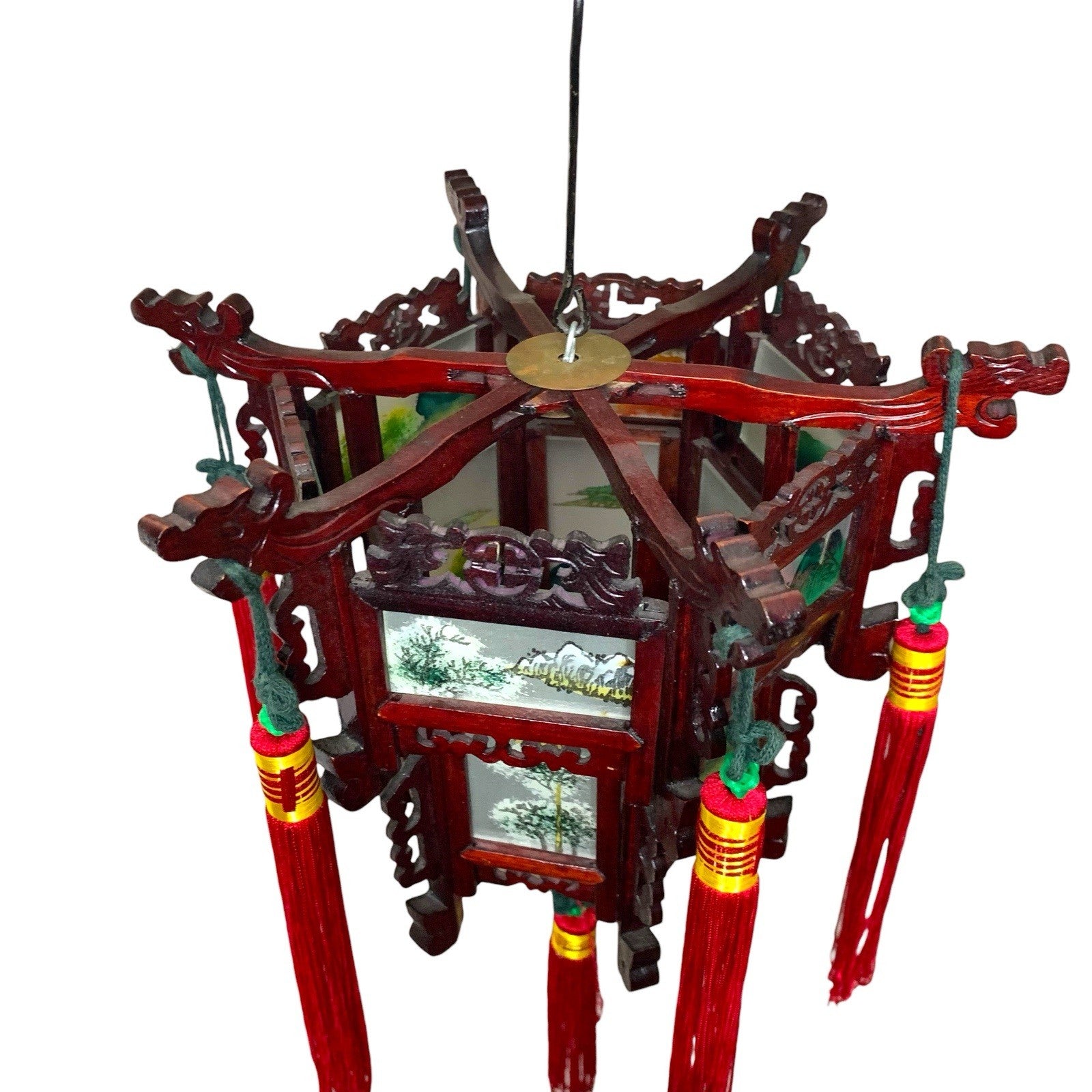 Vintage Japanese Hardwood Palace Lantern Painted Glass Panels Hand Carved Ceiling Lights & Chandeliers by TheVoyageBird