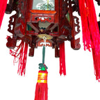 Vintage Japanese Hardwood Palace Lantern Painted Glass Panels Hand Carved Ceiling Lights & Chandeliers by TheVoyageBird