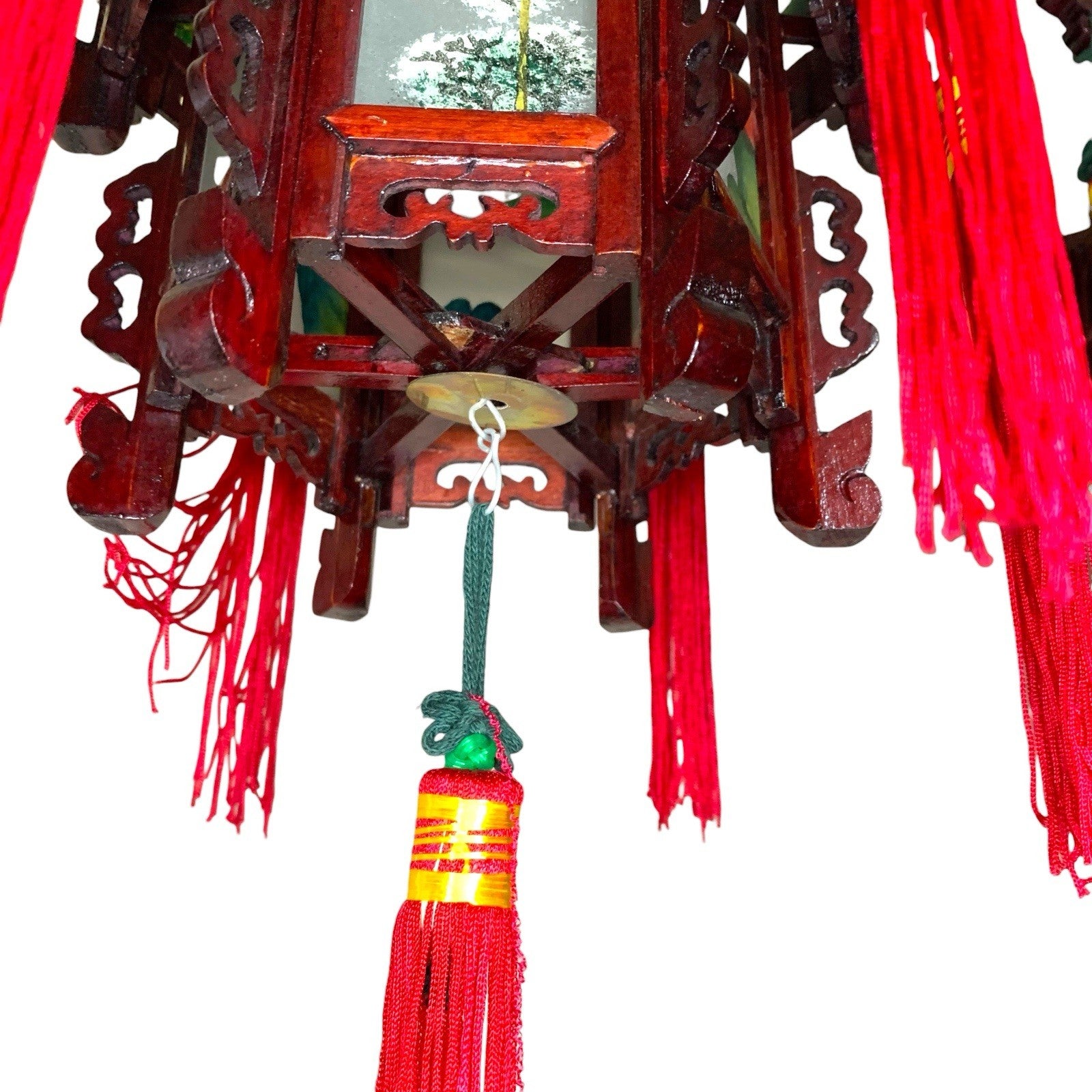 Vintage Japanese Hardwood Palace Lantern Painted Glass Panels Hand Carved Ceiling Lights & Chandeliers by TheVoyageBird