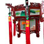 Vintage Japanese Hardwood Palace Lantern Painted Glass Panels Hand Carved Ceiling Lights & Chandeliers by TheVoyageBird