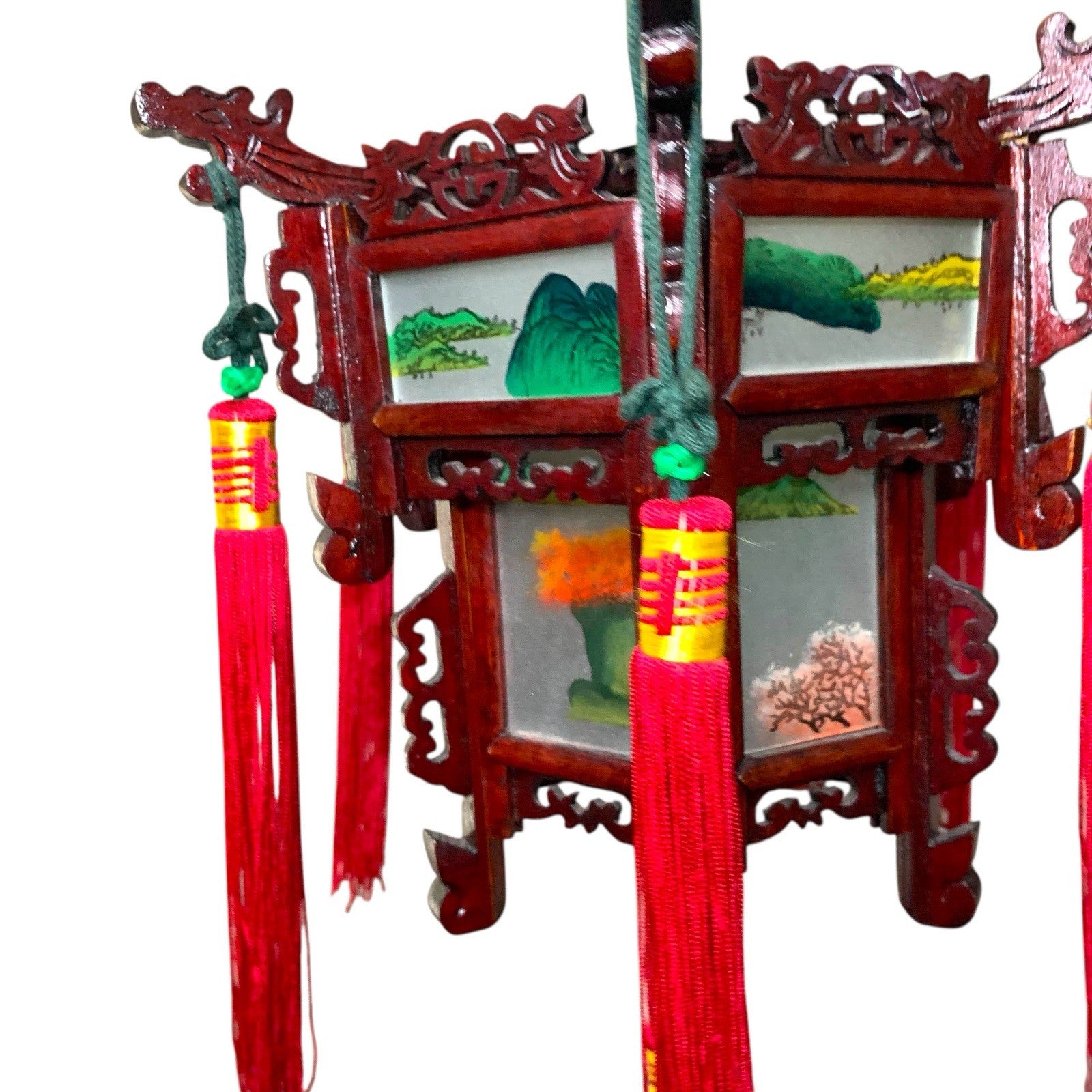 Vintage Japanese Hardwood Palace Lantern Painted Glass Panels Hand Carved Ceiling Lights & Chandeliers by TheVoyageBird