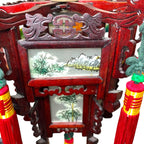Vintage Japanese Hardwood Palace Lantern Painted Glass Panels Hand Carved Ceiling Lights & Chandeliers by TheVoyageBird