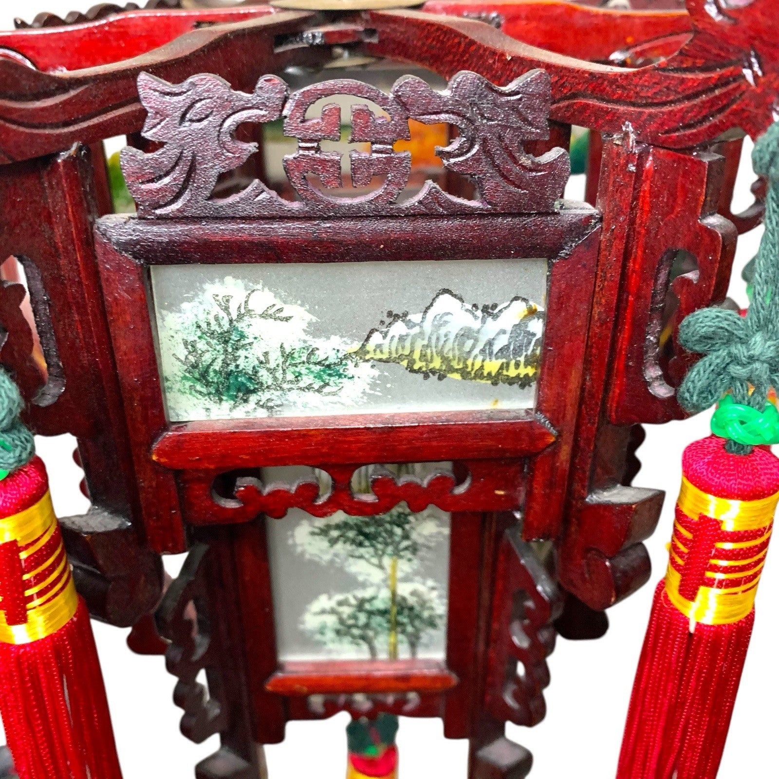 Vintage Japanese Hardwood Palace Lantern Painted Glass Panels Hand Carved Ceiling Lights & Chandeliers by TheVoyageBird