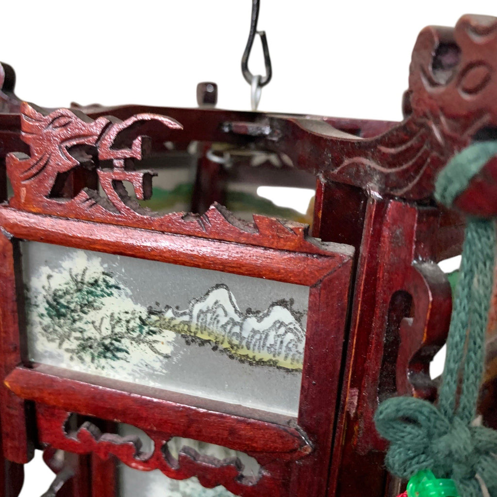 Vintage Japanese Hardwood Palace Lantern Painted Glass Panels Hand Carved Ceiling Lights & Chandeliers by TheVoyageBird