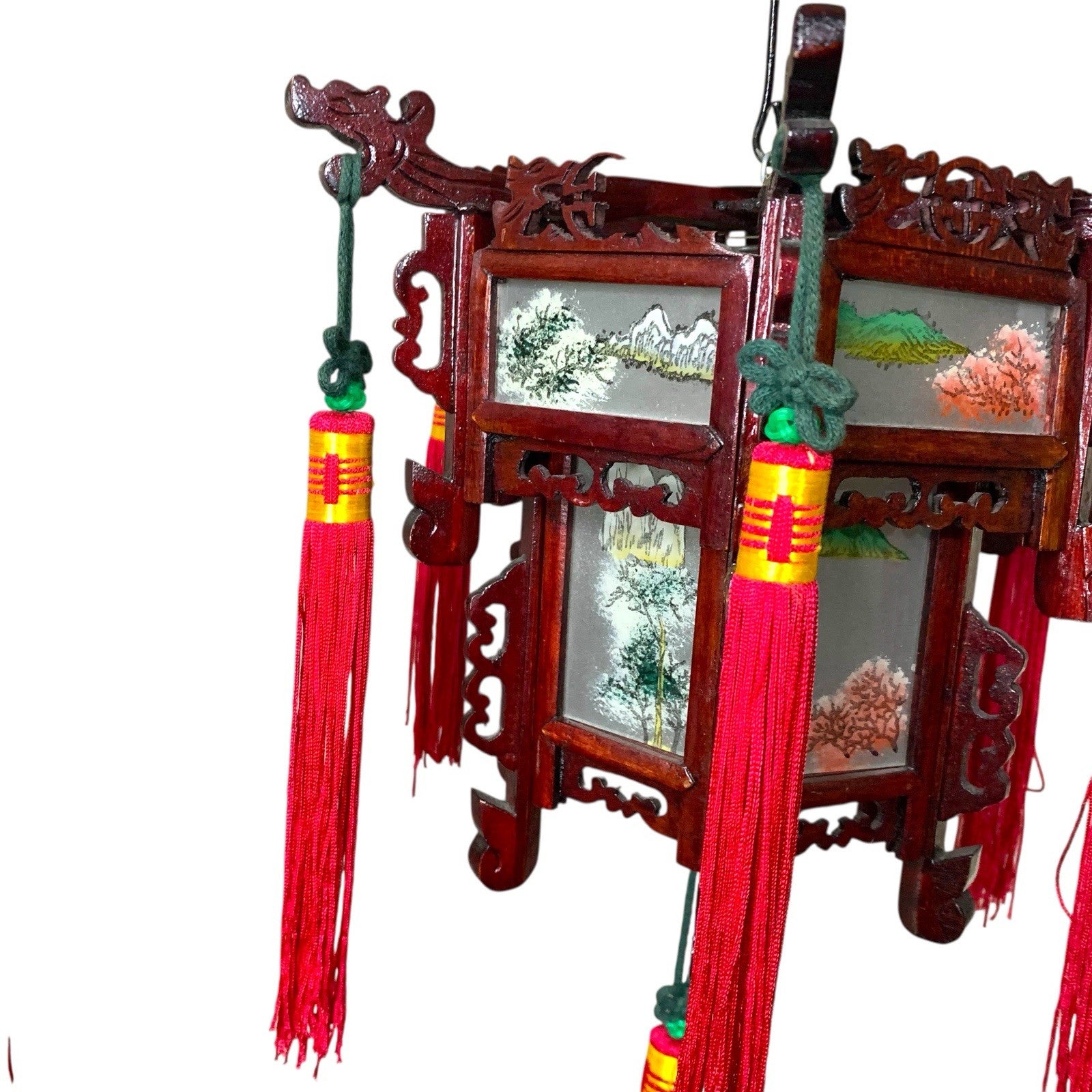 Vintage Japanese Hardwood Palace Lantern Painted Glass Panels Hand Carved Ceiling Lights & Chandeliers by TheVoyageBird