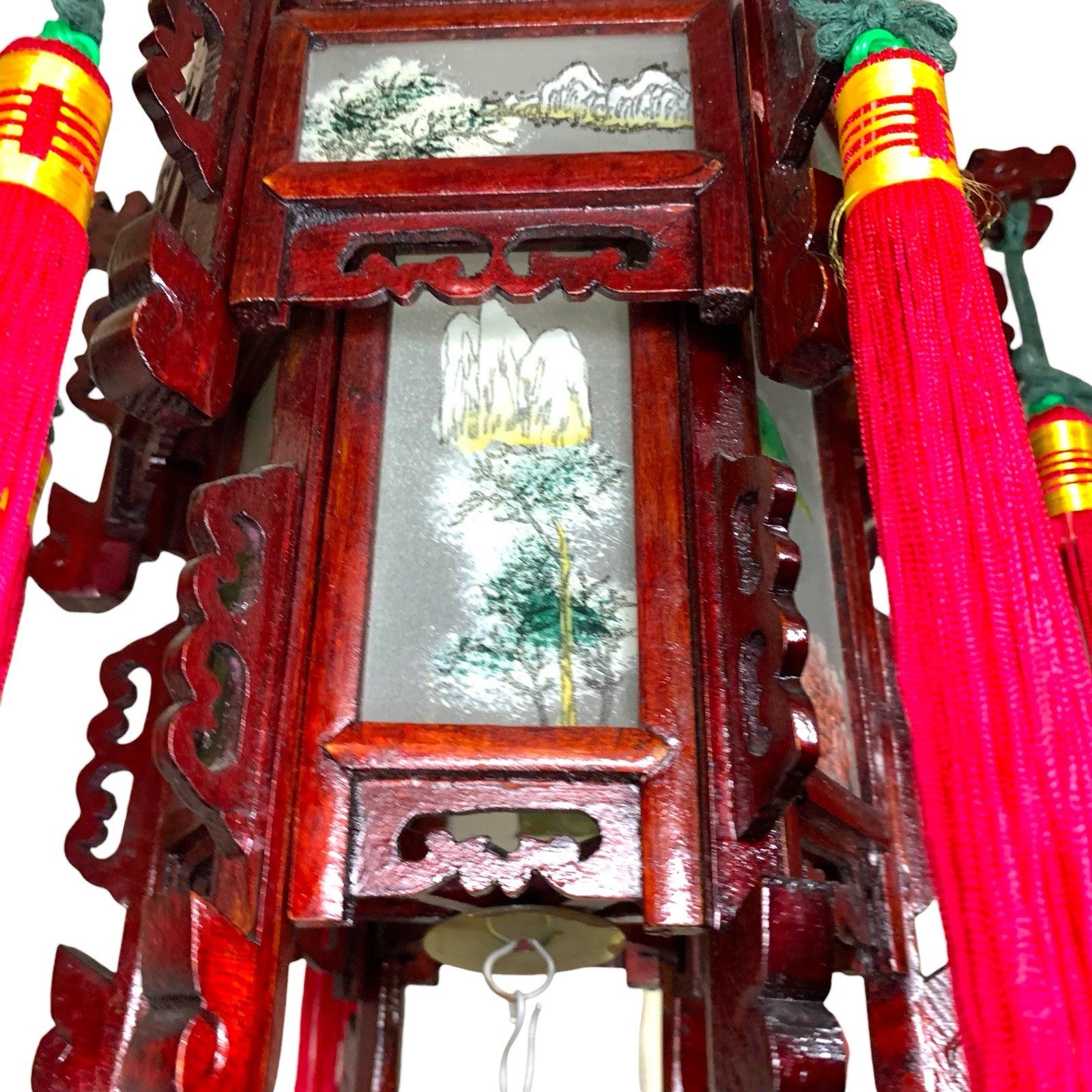 Vintage Japanese Hardwood Palace Lantern Painted Glass Panels Hand Carved Ceiling Lights & Chandeliers by TheVoyageBird