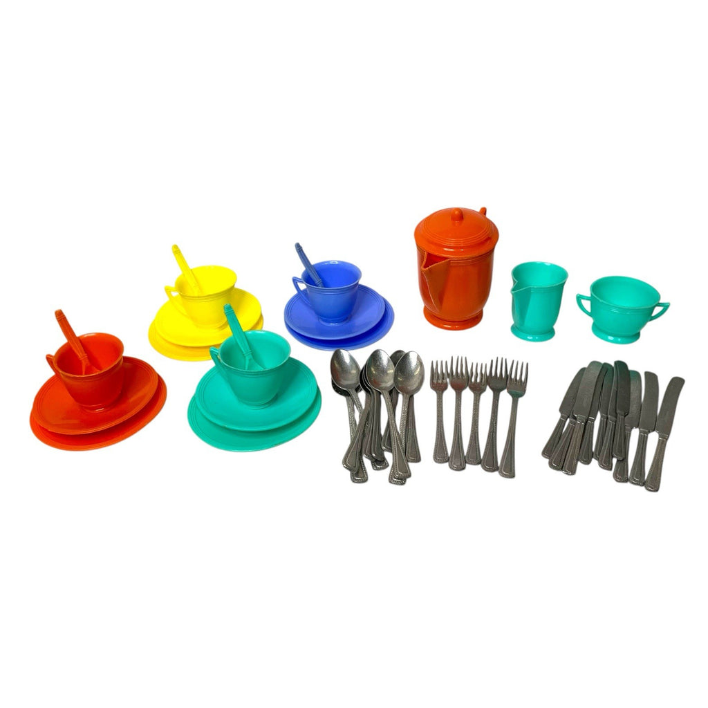 Vintage Kids Tea Set 19pc + German Metal Cutlery 24pc - 1970s-80s Pretend Play Bundle UK Collector Teapots by TheVoyageBird