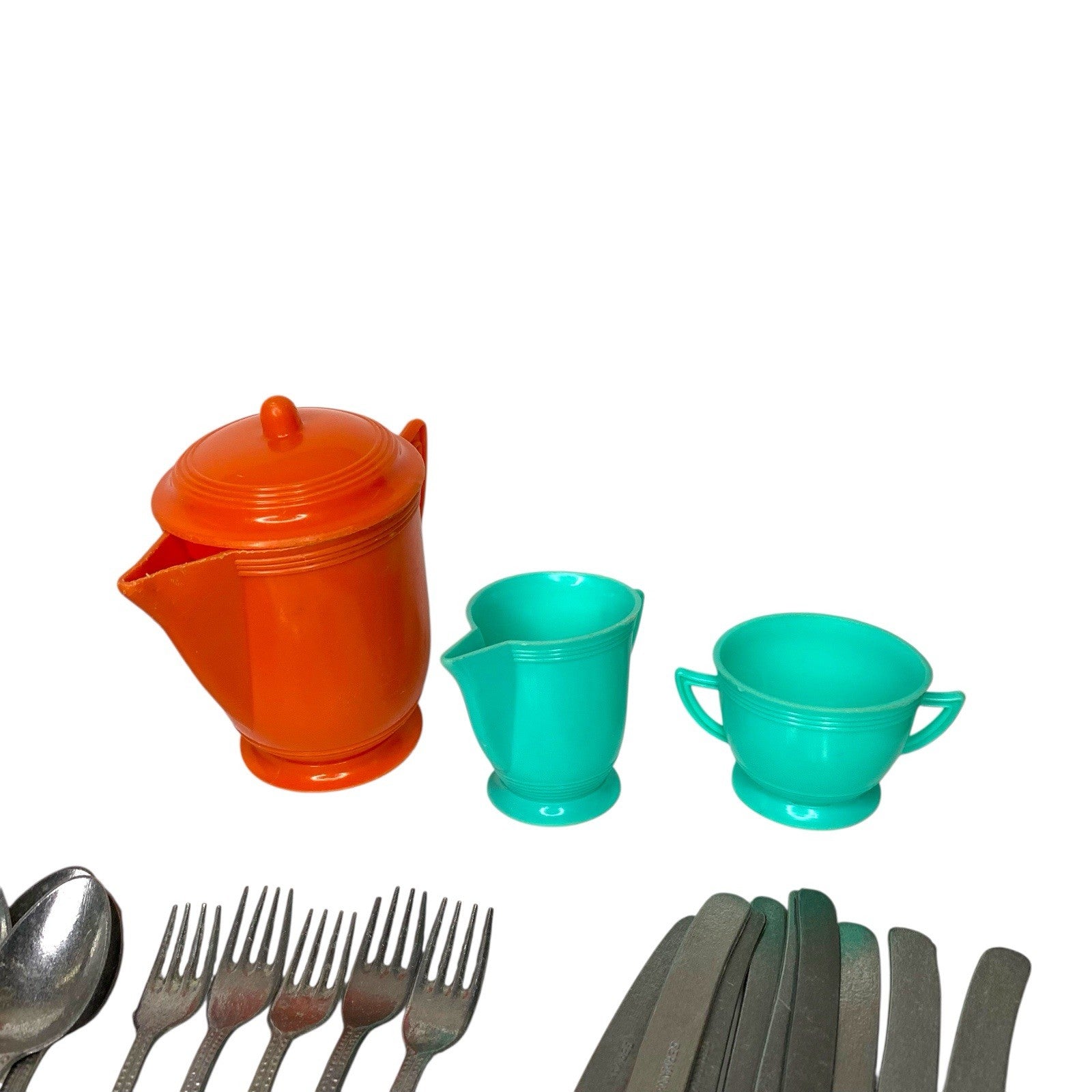 Vintage Kids Tea Set 19pc + German Metal Cutlery 24pc - 1970s-80s Pretend Play Bundle UK Collector Teapots by TheVoyageBird