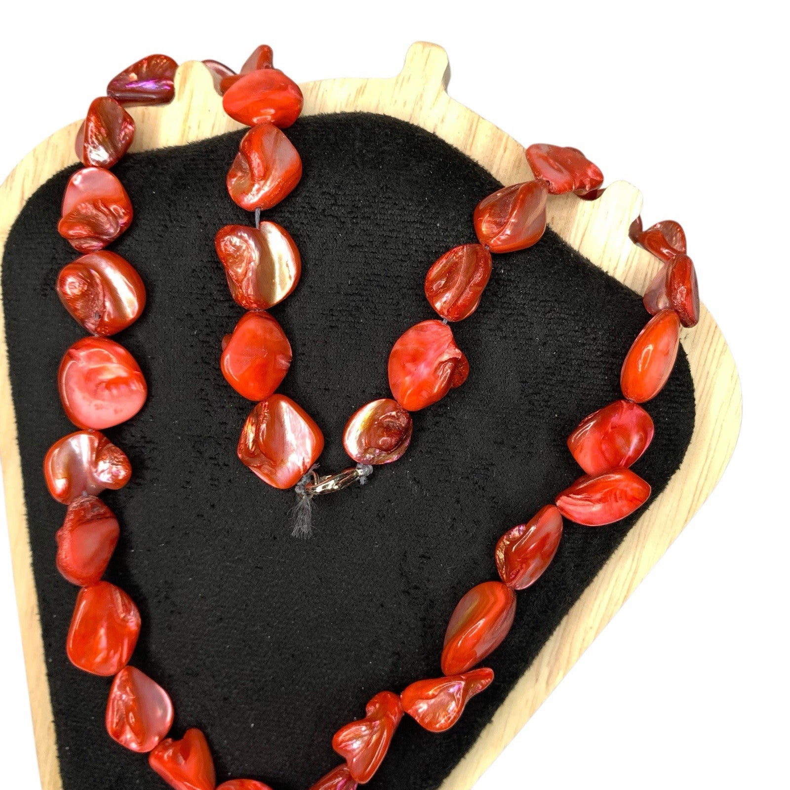 Vintage Necklace Coral Red Mother Of Pearl Beads Shell Beaded Jewellery 1970s Gemstone by TheVoyageBird